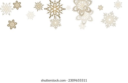 Hanging glitter snowflake.  Falling snow with golden glitter snowflakes for party invite. Winter frost print. Festive frame.