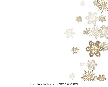 Hanging glitter snowflake.  Macro snowflakes flying border design, holiday banner with flakes confetti scatter frame, snow elements. Seasonal winter symbols.