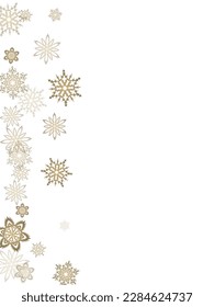 Hanging glitter snowflake.  Macro snowflakes flying border design, holiday banner with flakes confetti scatter frame, snow elements. Seasonal winter symbols.