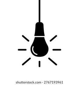 Hanging glowing light bulb icon. Black silhouette. Vertical front and side views. Vector simple flat graphic illustration. Isolated object on a white background.