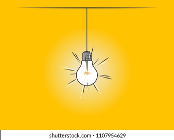 Hanging glowing light bulb on yellow background. Icon concept of invention, study, imagination and creativity. Design element for business startup, technology, science. 