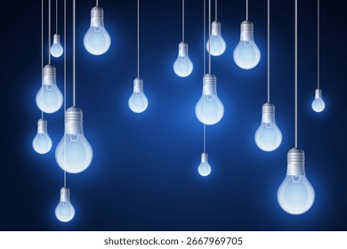 Colgando bombillas brillantes sobre fondo azul oscuro