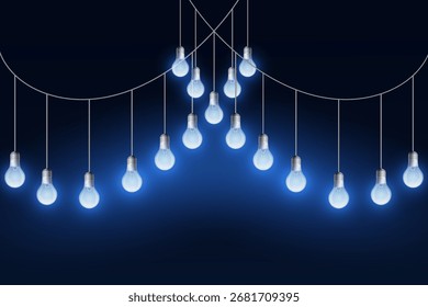 Colgando bombillas brillantes sobre fondo azul oscuro