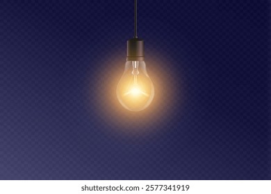 Hanging glowing realistic light bulb. Hanging electric light bulb or lamp at transparent background. Realistic 3d lamp. Vector illustration.