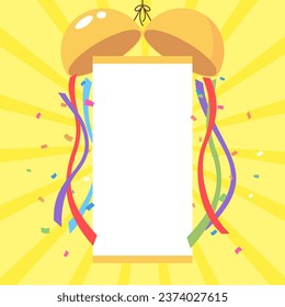 Hanging gold ball and empty white paper with confetti. Colorful ribbon party kusudama. Birthday, Christmas, anniversary, and festival fair concept. Vector illustration flat design.