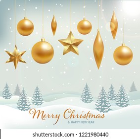 Hanging gold christmas balls and stars on winter snowy landscape background. Vector illustration. Glowing Cristmas decoration. New Year poster, cover or banner design template. Winter holiday ornament