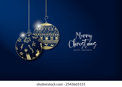 Hanging Gold Colored Christmas Balls on a dark blue background  with smooth cursive Merry Christmas Greeting with Happy holiday text. Season Background template. Christmas Theme banner design. Vector