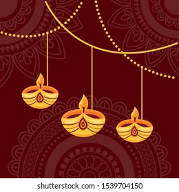 hanging gold diya light happy diwali festival poster vector illustration