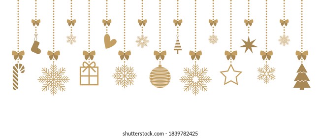 Hanging gold toys on a white background. Christmas ornaments. Vector illustration EPS 10	
