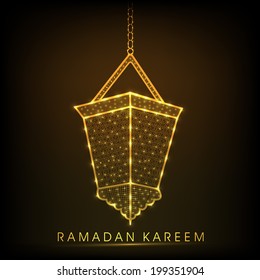 Hanging golden arabic lantern on shiny brown background for holy month of Muslim community Ramadan Kareem. 