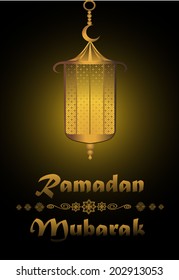 Hanging golden Arabic lantern on shiny brown background for holy month of Muslim community Ramadan Kareem.