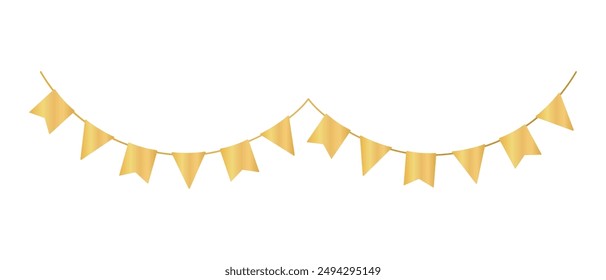 Hanging golden bunting. Pennant border isolated on white background. Triangle flags. Vector clipart