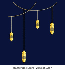 hanging golden color Arabic traditional Ramadan Kareem lantern collection set. Eid Fitr or Adha Mubarak lamp Greeting star gold symbol Outline line icon Vector Illustration