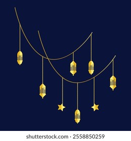 hanging golden color Arabic traditional Ramadan Kareem lantern collection set. Eid Fitr or Adha Mubarak lamp Greeting star gold symbol Outline line icon Vector Illustration