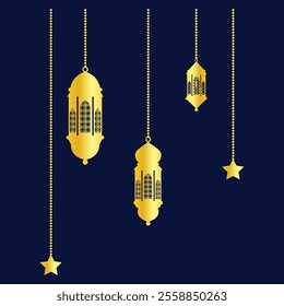 hanging golden color Arabic traditional Ramadan Kareem lantern collection set. Eid Fitr or Adha Mubarak lamp Greeting star gold symbol Outline line icon Vector Illustration