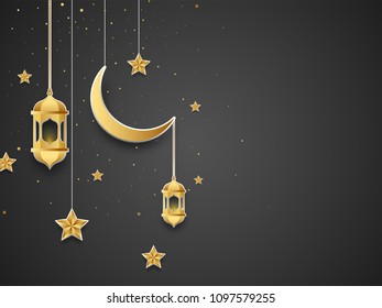 Hanging golden crescent moon, tradtional lanterns and stars on sparkle grey background.