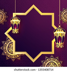 Hanging golden lanterns, frame and mandala pattern on purple background with space for your text. 