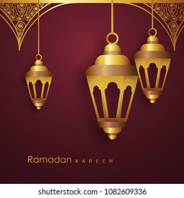 Hanging Golden Lanterns, Ramadan Kareem Wallpaper Design.