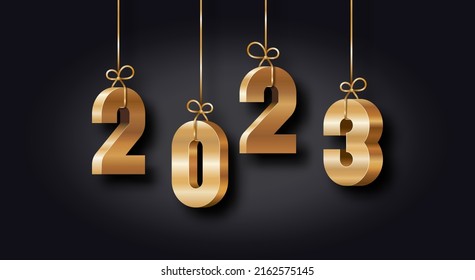 Hanging golden realistic 3d numbers new 2023 year holiday vector illustration design