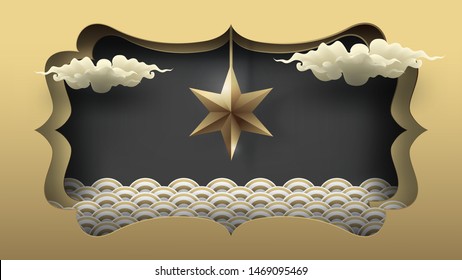 Hanging golden star, floating clouds, and abstract wave on golden and black ripped paper art.