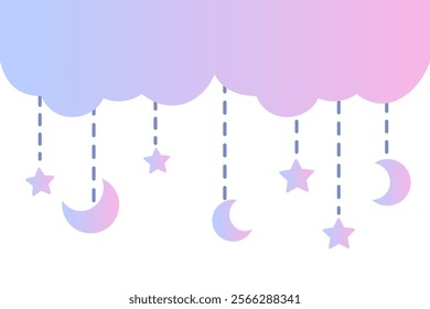 Hanging gradient pink purple moon and star blue cloud border frame. Magical, bedtime, natural concepts. Flat decorative vector design isolated illustration