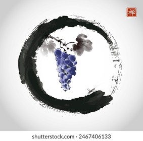 Hanging grapes in black enso zen circle and little cricket. Traditional Japanese ink wash painting sumi-e. Translation of hieroglyph - zen.