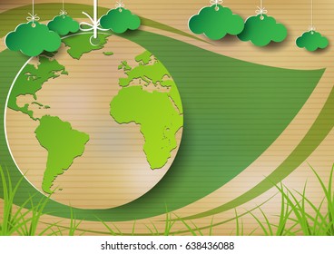 Hanging green earth on old paper with green leaf background.Ecological and environment concept.Vector illustration.