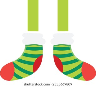 Hanging green and red striped christmas socks with cozy white cuffs, eagerly awaiting the joyful moments of being filled with festive gifts and delightful candy