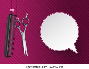 Hanging hairdresser tools with speech bubble on the purple striped background. Eps 10 vector file.