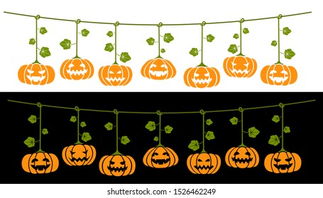 Hanging Halloween pumpkins. Transparent design for any background color.  Angry and happy expressions on two different backgrounds. All elements are well sorted and grouped for easy editing