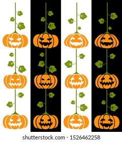 Hanging Halloween pumpkins. Transparent design for any background color.  Angry and happy expressions on two different backgrounds. All elements are well sorted and grouped for easy editing