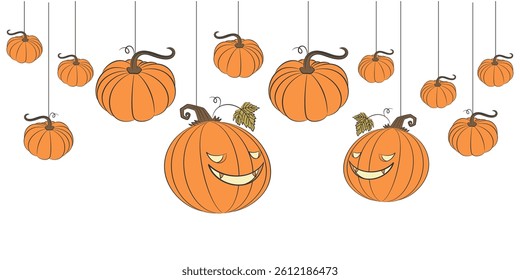 Hanging Halloween Pumpkins Vector Illustration with Spooky Faces