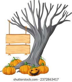 A hanging Halloween sign with a spooky pumpkin and dead tree