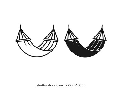 Hanging hammock beach vacation icon set. Relaxing garden swing net outline and silhouette symbol for summer holiday