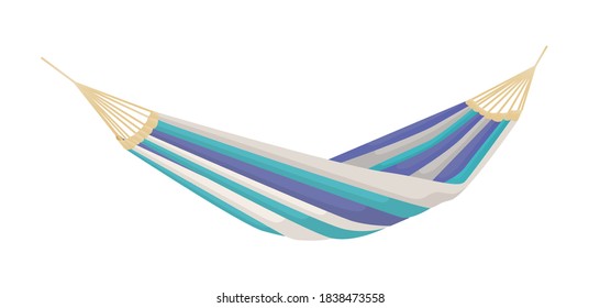 Hanging hammock made from mixed color striped textile. Summer beach recreation tool for sleep and relax. Flat vector cartoon illustration isolated on white background