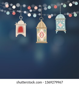 Hanging hand drawn arab lanterns. Strings of colorful light bulbs, night party decoration. Greeting card, invitation for muslim holiday Ramadan Kareem, Eid-ul-Fitr. Vector blurred background.