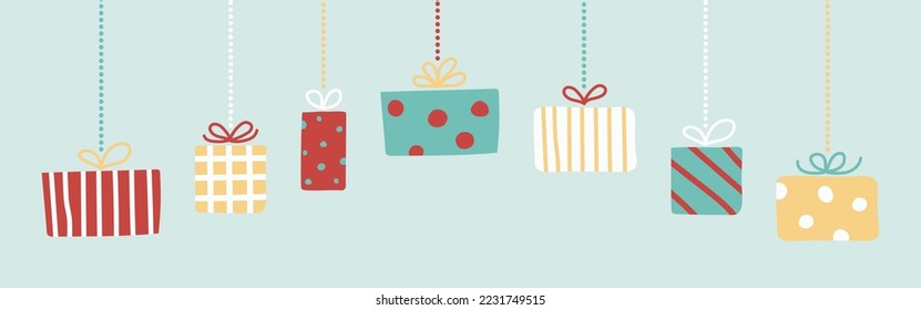 Hanging hand drawn Christmas gift boxes. Banner. Vector