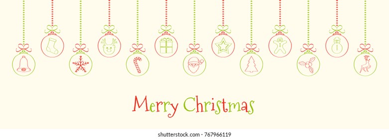 Hanging hand drawn Christmas ornaments with icons and wishes - panoramic banner. Vector.