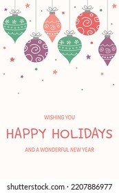 Hanging hand drawn decorations. Christmas greeting card. Vector illustration