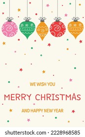 Hanging hand drawn decorations. Christmas greeting card. Vector illustration