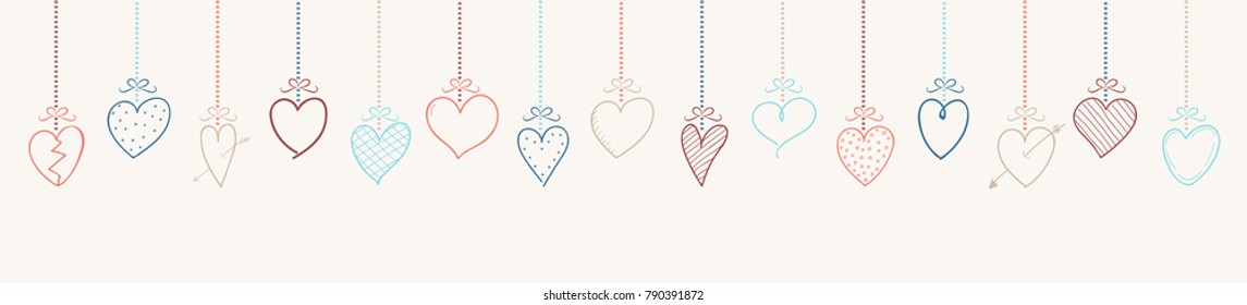 Hanging hand drawn hearts - panoramic header. Vector.