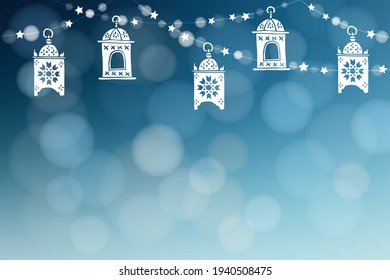 Hanging hand drawn white arabic lanterns. String of lights and stars. Festive blue blurred background for muslim community holy month Ramadan Kareem with bokeh effect. Vector illustration 