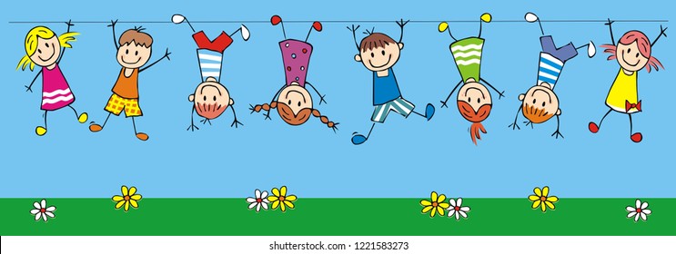 Hanging happy kids, funny vector illustration. Group of girls and boys on the cords. Romping children on the meadow with flowers. Happy postcard for children, concept.
