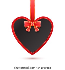 Hanging heard shape card with red bow. Valentine's day design. Empty black place for text.