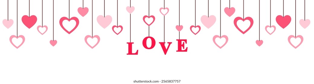 Hanging Heart Decoration Banner with love word text, Pink and Red Hearts on Strings for Love Romance, and Celebration Vector Illustration for Valentine's Day Festive or wedding Design and Seasonal