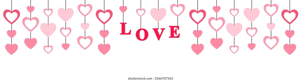 Hanging Heart Decoration Banner with love word text, Pink and Red Hearts on Strings for Love Romance, and Celebration Vector Illustration for Valentine's Day Festive or wedding Design and Seasonal