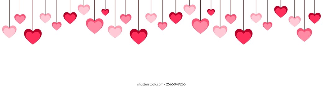 Hanging Heart Decoration Banner, Pink and Red Hearts on Strings for Love Romance, and Celebration Vector Illustration for Valentine's Day Festive or wedding Design and Seasonal