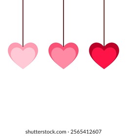 Hanging Heart Decoration Banner, Pink and Red Hearts on Strings for Love Romance, and Celebration Vector Illustration for Valentine's Day Festive or wedding Design and Seasonal