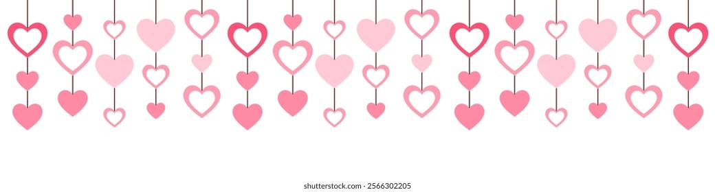 Hanging Heart Decoration Banner, Pink and Red Hearts on Strings for Love Romance, and Celebration Vector Illustration for Valentine's Day Festive or wedding Design and Seasonal