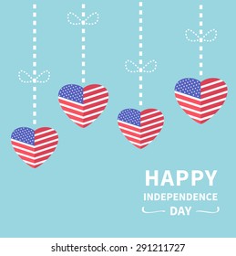 Hanging heart flags Star and strip Happy independence day United states of America. 4th of July. Flat design  Vector illustration